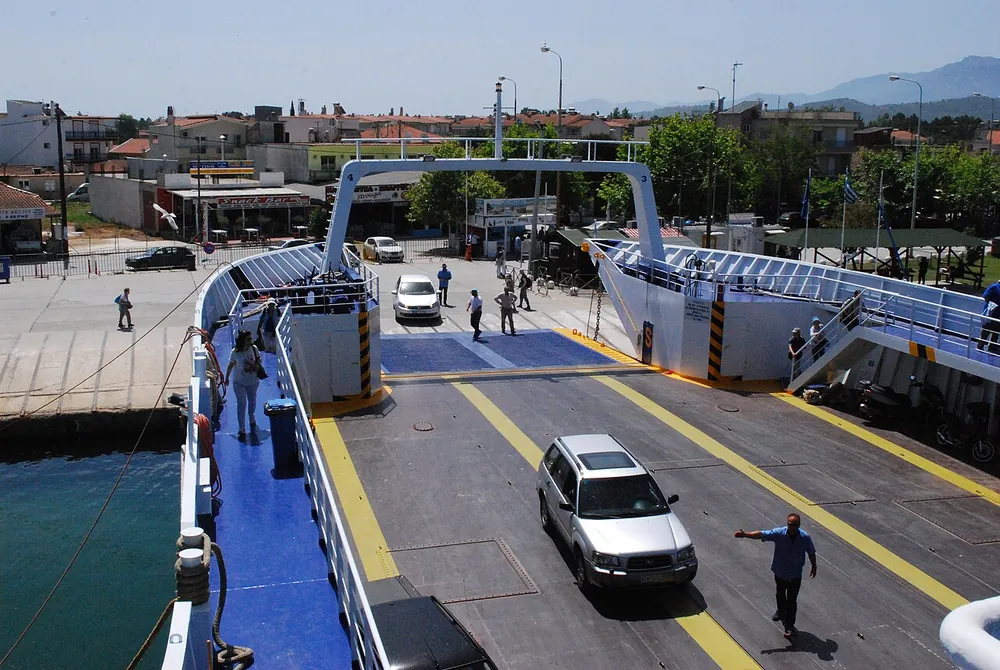 Vehicles boarding a Greek car ferry