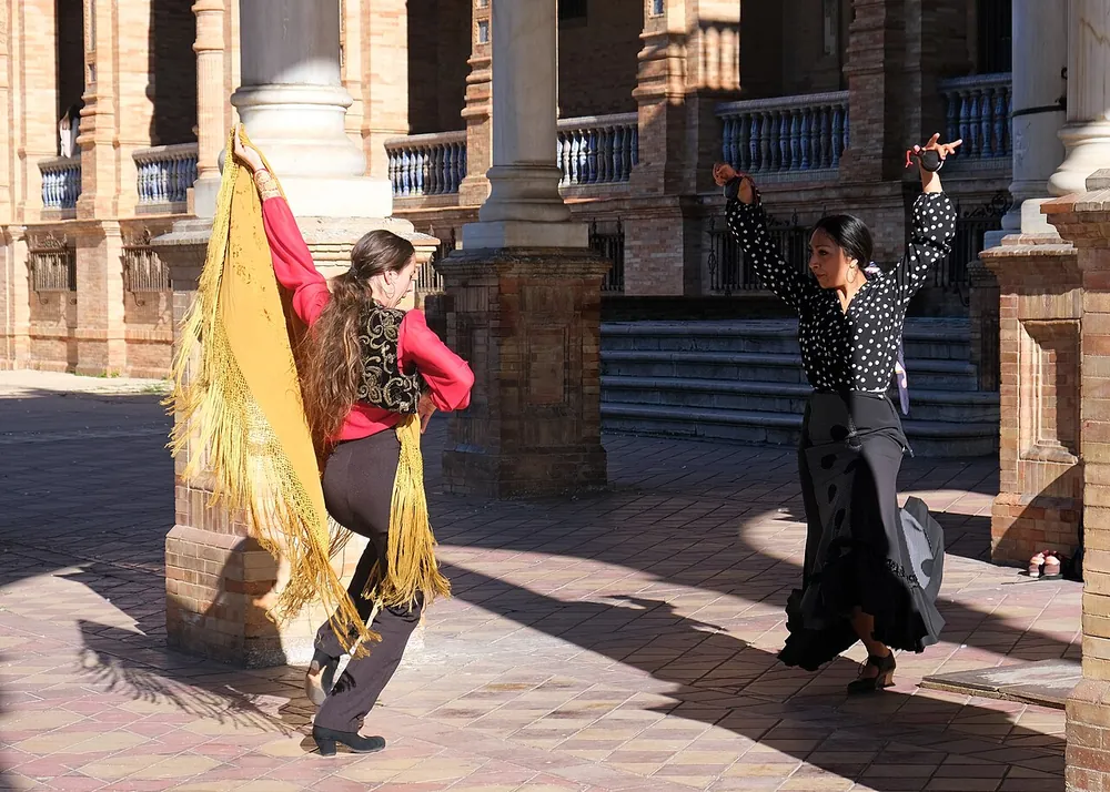 Flamenco dancers at the Plaza de Espana in Seville