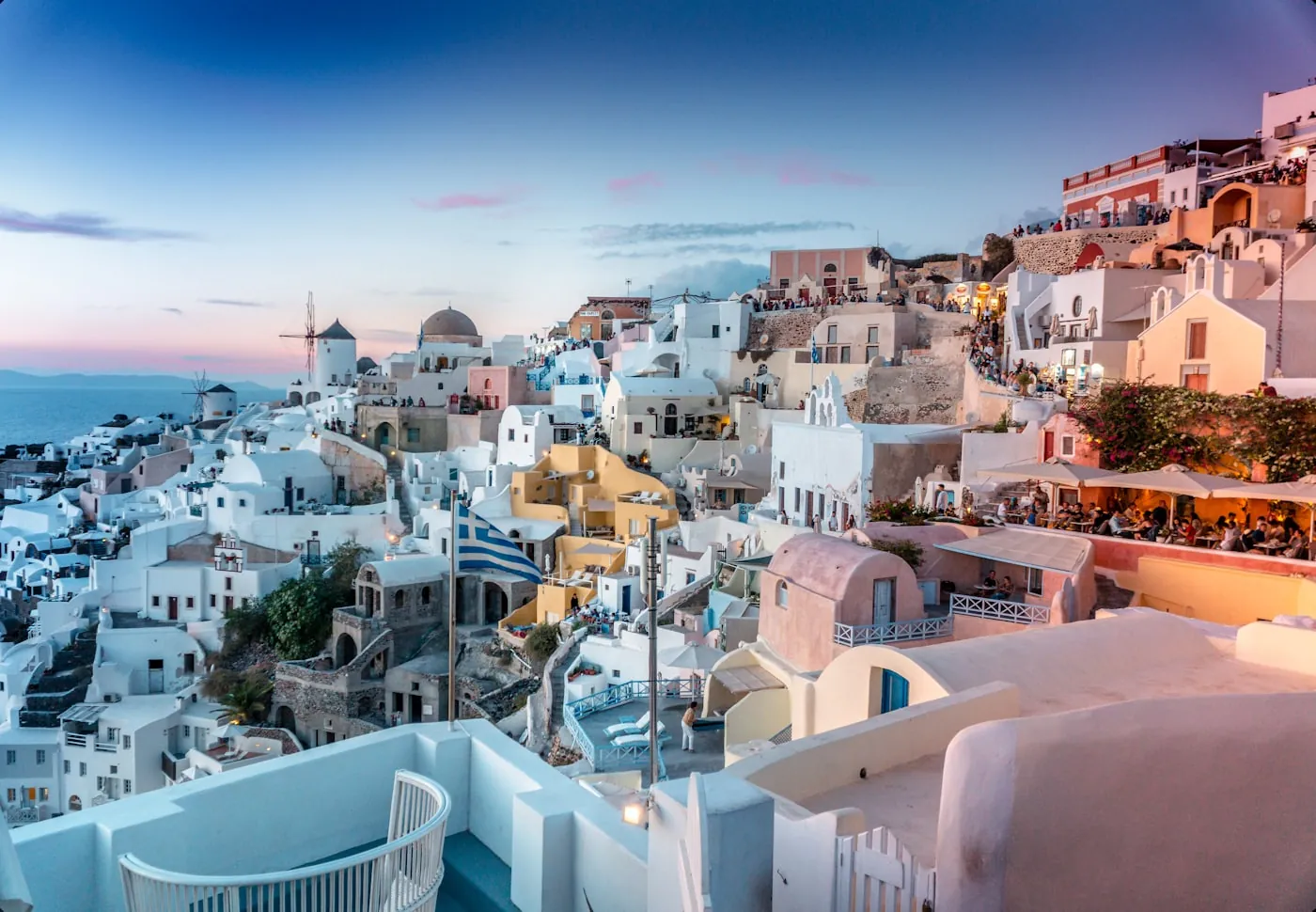 The village of Oia on Santorini at dusk