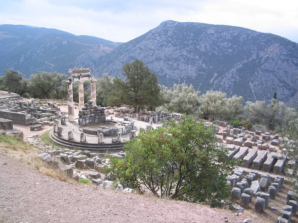 The Tholos of Athena Pronaia at Delphi, below Mount Parnassus