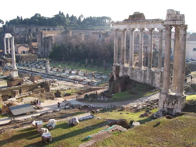 The columns of the Temple of Saturn above the Roman Forum