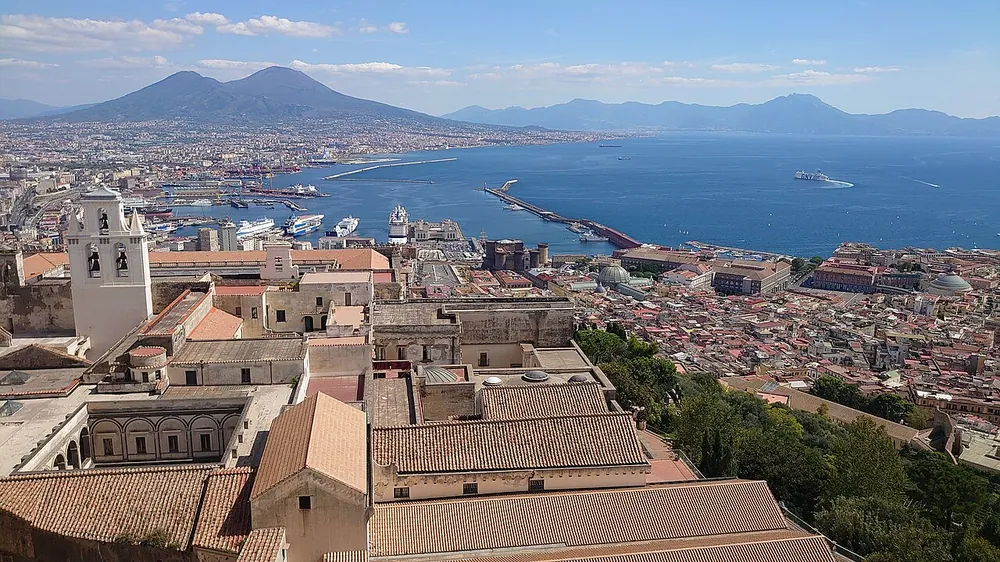 Naples rooftops with Vesuvius across the bay