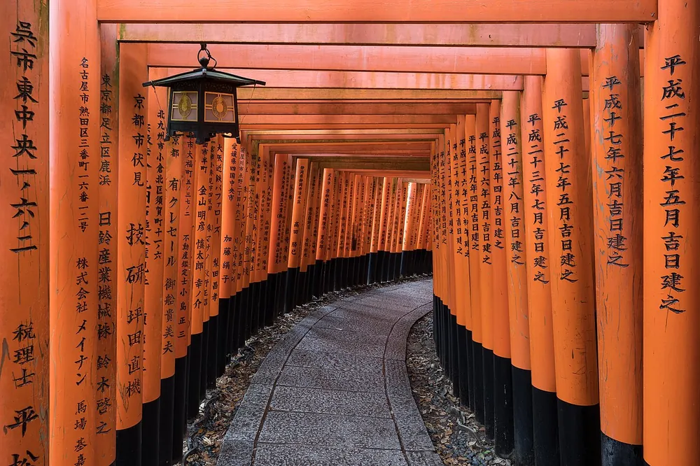A lantern-lit tunnel of torii gates at Fushimi Inari, Kyoto