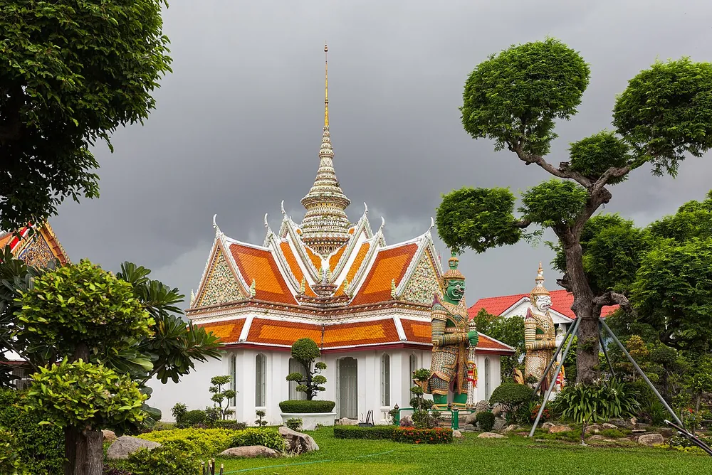An ornate temple hall in the Wat Arun complex, Bangkok
