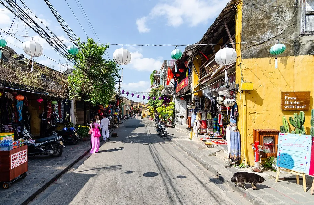 A lantern-hung street in Hoi An's old town